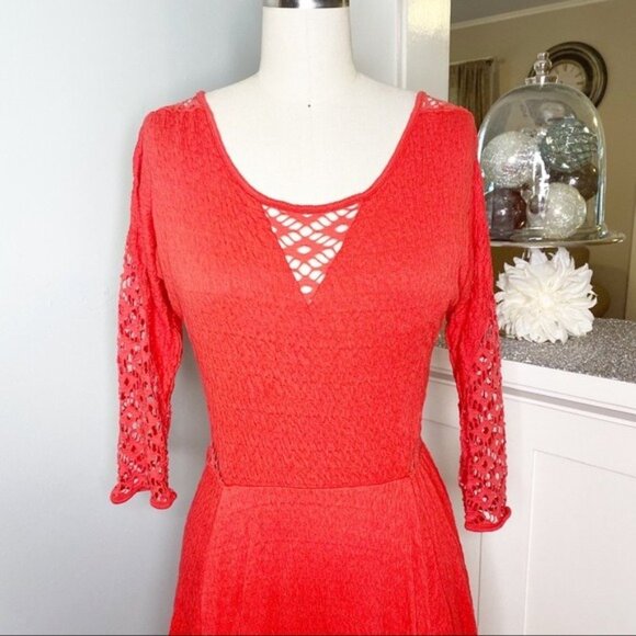 Free People Red Lace Crochet Cut Out Fit & Flare Dress Medium - Picture 6 of 11